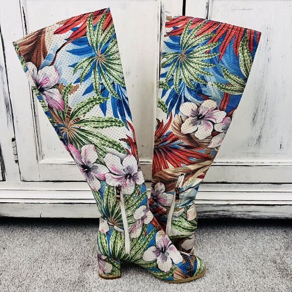 Unique JB Easos Geal Beautiful Floral Pull on Knee High Heeled Boots ~ Size 5.5 - Picture 4 of 10